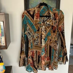 Lightweight polyester button down blouse, brown/blue print.